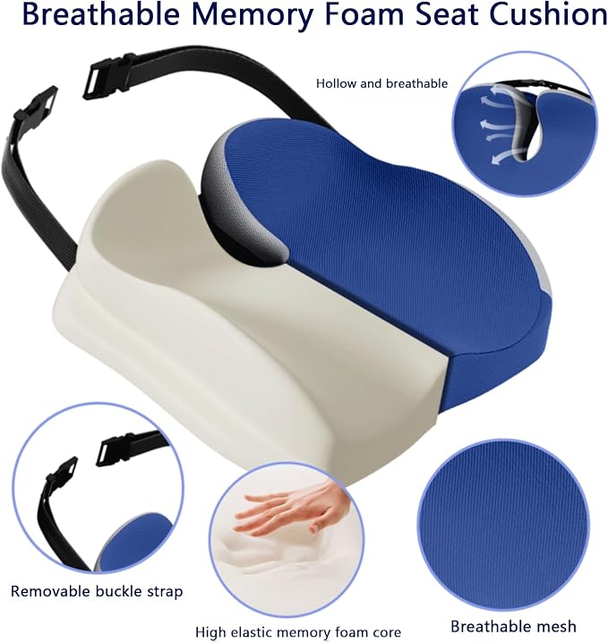 Memory Foam Seat Car Computer Desk Chair Cushion，Cushion For Tailbone Pain Relief Cushion Office Chair Butt Pillow Seat Cushions For Office Chairs Wheelchair Cushion For Long Sitting Back Pain Blue