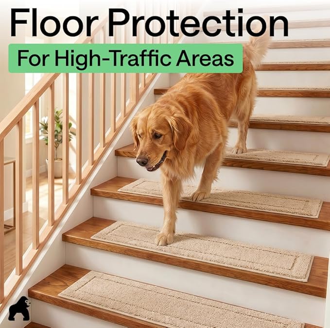 GORILLA GRIP Peel and Stick Stair Treads,15 Pack, for Wooden Steps, Multi-Surface Use, Machine Washable Carpet Runners, Indoor Rugs for Stairs, Pet Friendly, Universal Size,Beige, 8x28 Inches