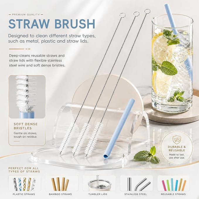 6 Pack Cup Lid Cleaning Brush Set with 3 Straws, Multifunctional Bottle Brush, Cup Lid Gap Cleaner, Durable Bristle Crevice Cleaning Brush,Flat End Brushes