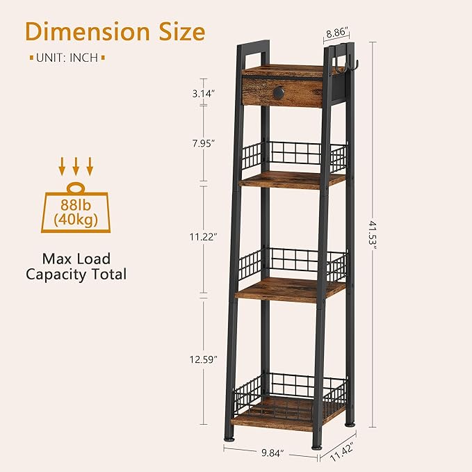 Gewudraw 4-Tier Narrow Ladder Shelf with Drawer, Bathroom Table Stand for Small Space, Narrow Bathroom Standing Shelves with Storage for Living Room Bedroom Kitchen, Organizer Shelf, Rustic Brown