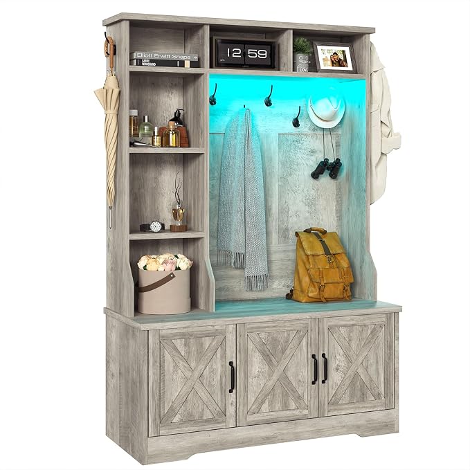 CSZZD Hall Tree with Bench and Shoe Storage, Farmhouse Entryway Bench with Coat Racks and Led Lights, Tall Hall Tree with 7 Coat Hooks, 6 Storage Cubbies, Adjustable Shelf, Gray
