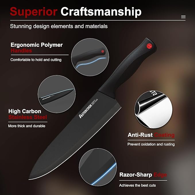 Knife Set, Astercook 15 Pieces Knife Sets for Kitchen with Block, Dishwasher Safe Kitchen Knife Set with Built in Sharpener Block, German Stainless Steel Kitchen Utensils Set
