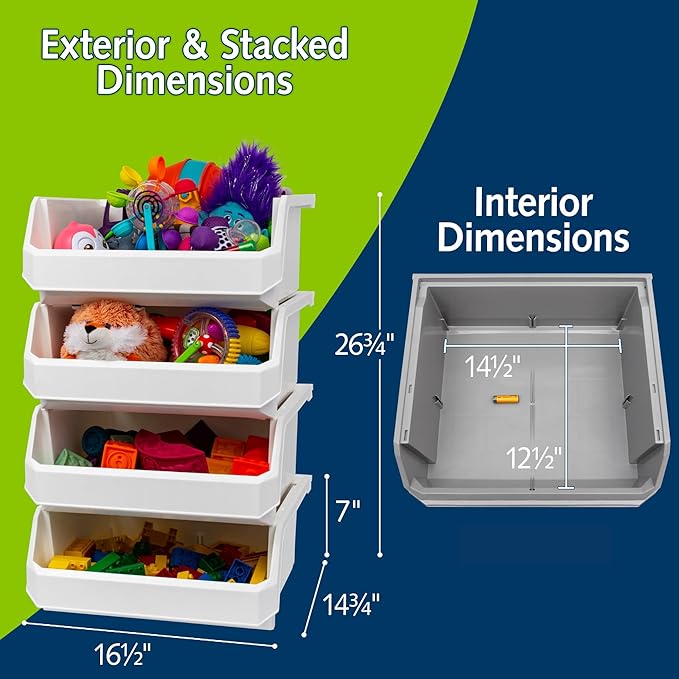 ReadySpace Plastic Containers for Organizing and Storage Bins for Closet, Kitchen, Office, Garage or Pantry Organization, Stackable Bins, Extra Large (14.8" x 16.5" x 7"), 4-Pack, White