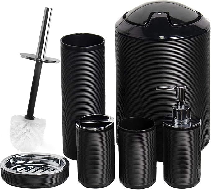 CERBIOR Bathroom Accessories Set 6 Piece Bath Ensemble Includes Soap Dispenser, Toothbrush Holder, Toothbrush Cup, Soap Dish for Decorative Countertop and Housewarming Gift, Black