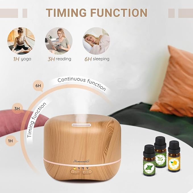 Homeweeks 300ml Essential Oil Diffuser, Quiet Aromatherapy Mist Diffusers for Essential Oils, Wood Grain, Ultrasonic, Remote Control, Timer, 7 Colors Light for Bedroom (300ml Yellow Wood Grain)