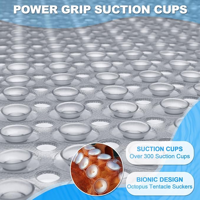 Bathtub and Shower Mats, 40x16 Inch Extra Large Non Slip Soft Bath Tub Mat with Suction Cups and Drain Holes for Bathroom Floor and Keep Tubs Clean, Machine Washable, Clear Gray
