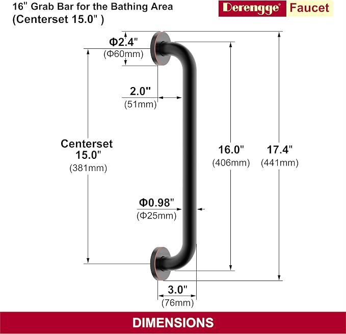 16 Inch Grab Bar 304 Stainless Steel Anti-Slip Bathroom Safety Handrail Wall Mount Assist Grip for Elderly Handicap Bathtub Shower Toilet,GB-4023-ORB, Oil Rubbed Bronze