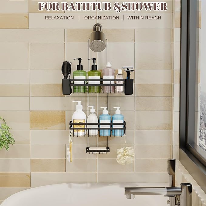 Shower Caddy Hanging for Bathroom Organizers and Storage,3 Tier Adjustable Anti-Swing Shower Organizer Hanging with Heavy-Duty Suction Cups, Damage-Free Rustproof (Black)