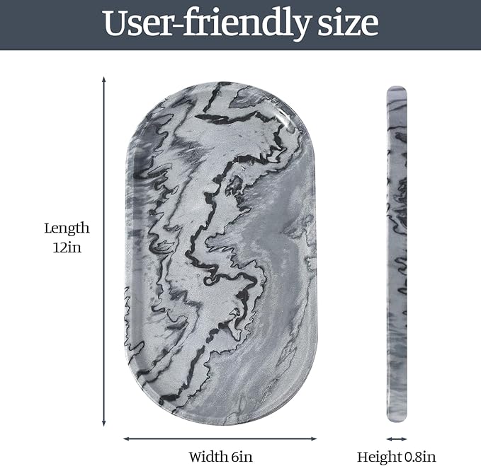 Koville Natural Marble Tray, 12"x6" Decorative Tray for Countertop, Catchall for Perfume, Candles, Jewelry Dish Elephant Grey