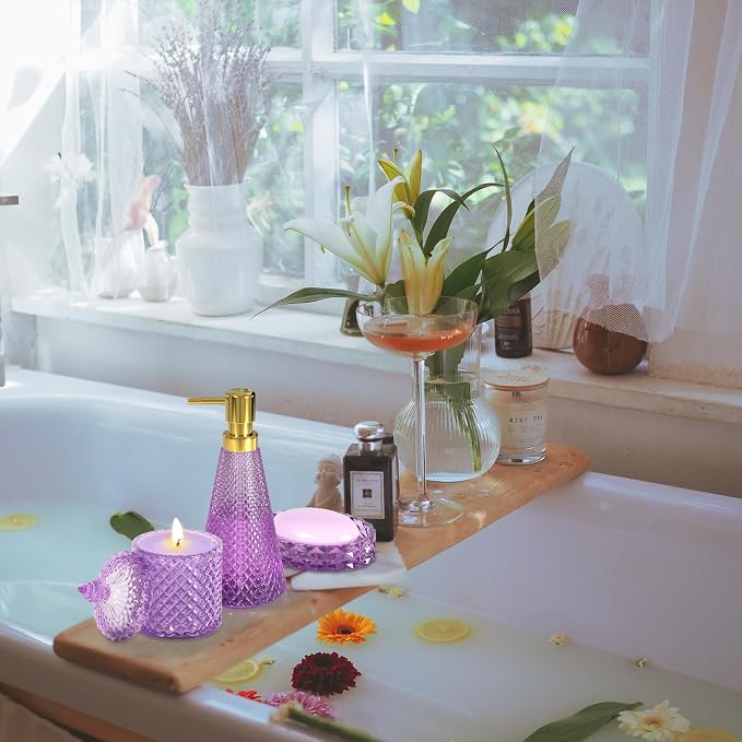 Purple Glass Bathroom Accessories Set 5 Pcs, Purple Bathroom Set, Soap Dispenser and Toothbrush Holder Set, Qtip Holder Set, Vintage Bathroom Sink Set, Cute Bathroom Decor