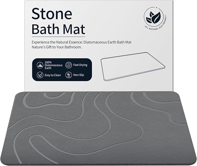 ZIKIBL Stone Bath Mat Diatomaceous Earth Shower Mat Non-Slip Super Absorbent Diatomite Stone Mats for Bathroom Floor Quick-Drying Easy to Clean (24''*16'' Grey)