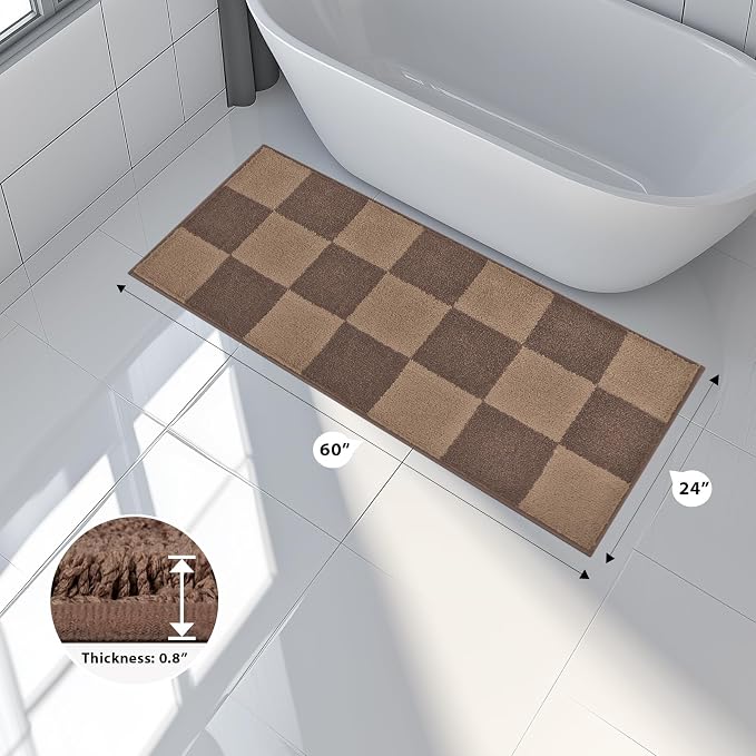 anllugs Bathroom Rugs 24" x 60", Non-Slip Extra Soft Absorbent Bath Rugs, Machine Washable Quick Dry Bath Mats for Bathroom Floor, Shower, Bathtub and Sink, Checkered Grayish Brown & Coffee