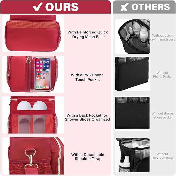 Portable Shower Caddy College Dorm Essentials, Large Toiletry Bag for Women Men, 2 Layers Quickly Dry Mesh Bathroom Tote Bag, Hanging Makeup Organizer Bag for Travel, Gym, Camping (Wine Red)