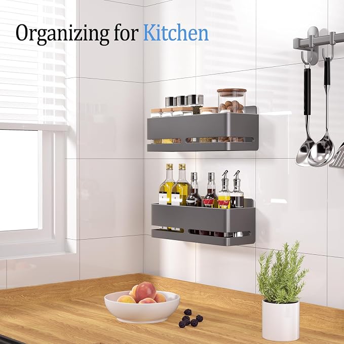 Shower Caddy, 2-Pack Shower Shelf, Heavy-Duty Bathroom Storage Shelf, Large Capacity No-Drill Bathroom Organizer, Gray Metal Storage Basket, Adhesive Installation