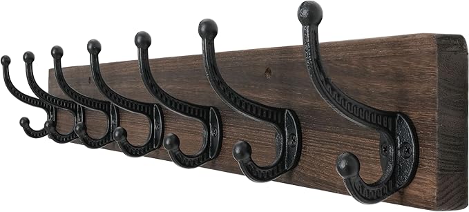 WEBI Rustic Coat Rack Wall Mount,30" Long 7 Cast Iron Coat Hooks Wall Mounted,Heavy Duty Wood Wall Coat Hanger Hooks for Hanging Coats,Jacket,Clothes,Backpack,Farmhouse,Weathered Brown