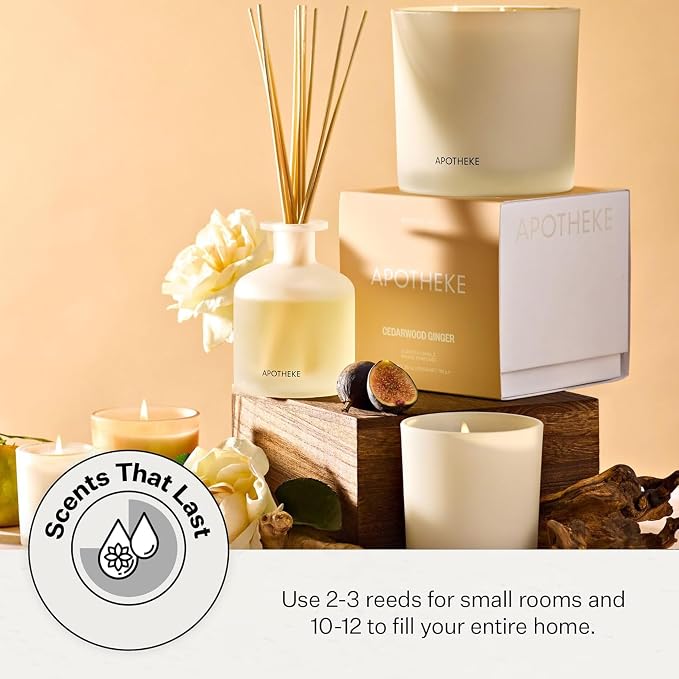 Apotheke Luxury Scented Reed Diffuser for Home, Cedarwood Ginger - 6.7 Fl Oz Essential Oil Aromatherapy - 10 Rattan Scent Sticks Room Diffuser - Long-Lasting Fragrance for Bedroom, Home, Bathroom