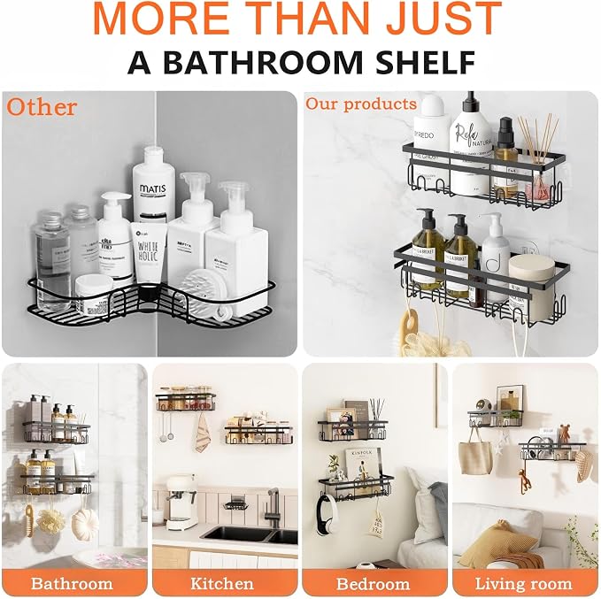 Self Adhesive Shower Caddy, 2-Pack No Drilling Rustproof Bathroom Organizers and Storage with Save Space Hooks, Apartment Essentials for Bathroom, Kitchen & Living Room