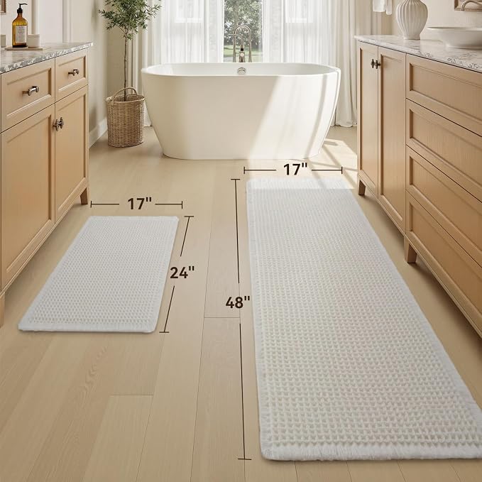 Upgraded Waffle Bath Mat Set of 2, Super Absorbent Non Slip Bath Mats for Bathroom Floor, Washable Boho Bathroom Rugs Set 2 Pieces with Tassels, Soft Bathroom Mat Set, White, 17" x 24" Plus 17" x 48"