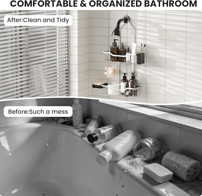 Shower Caddy Hanging 2-Tier Shower Organizer for Tall Showerhead,Rustproof Over Shower Head Rack,No Drill Bathroom Shower Caddy with Soap Dish,Toothbrush Holder and Hooks,Silver