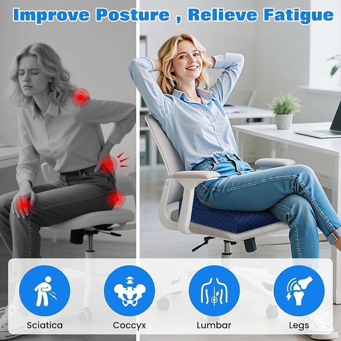 Seat Cushion for Office Chair, Memory Foam Chair Cushions, Car Seat Cushion for Long Sitting, Desk Chair Cushion for Pressure Relief, Non-Slip Bottom, Washable Cover, Large, Blue