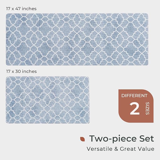 FRESHMINT Kitchen Mat Set of 2, Anti-Fatigue Cushioned Kitchen Mats for Floor, Waterproof Non Slip Comfort Standing Mat, Boho Kitchen Rug for Kitchen Decor, Sink, Office, 17"x30"+17"x47", Lake Blue
