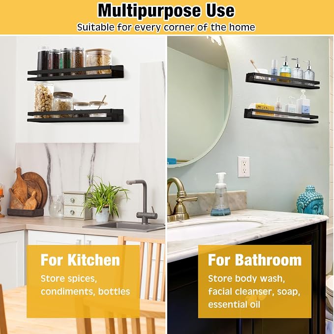 Lallisa 2 Pieces Stainless Steel Shelf Bathroom Shower Floating Shelves Wall Mounted Shower Caddy Basket Shelf Storage Organizer Shelves for Bathroom, Kitchen, Living Room(19.69 Inches/ 50 cm,Black)