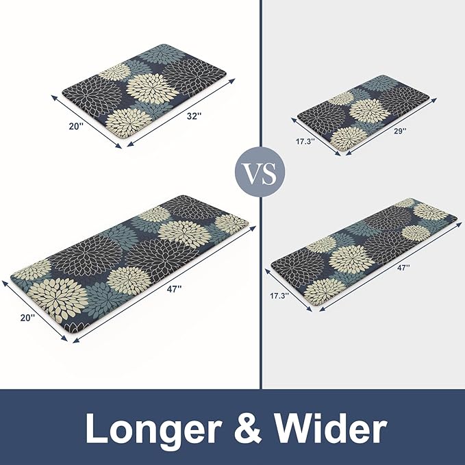 KIMODE Padded Anti Fatigue Rug Sets of 2, Ergonomic Standing Kitchen Rugs 2PCS, Boho Dahlia Kitchen Mats for Floor 2 Pieces Stain Resistant, Non Slip Kitchen Sink Floor Mat, 20"x32"+20"x47", Blue