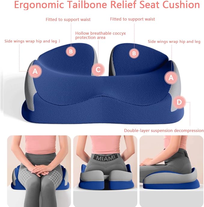 Memory Foam Seat Car Computer Desk Chair Cushion，Cushion For Tailbone Pain Relief Cushion Office Chair Butt Pillow Seat Cushions For Office Chairs Wheelchair Cushion For Long Sitting Back Pain Blue