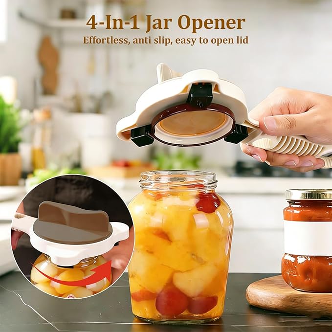 2026 Adjustable 4‑in‑1 Jar Opener with Red Wine Corkscrew & 2 Can Opener, Jar Opener for Seniors and Weak Hands, Perfect for Kitchen Jars, Bottles & Beer Caps (Beige)