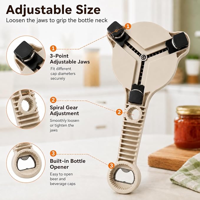 New 4-in-1 Retractable Jar & Bottle Opener, Adjustable Stainless Steel Lid Remover with Non-Slip Grip for Seniors,Multi-Functional Jar Opener with Ergonomic Handle for Kitchen Jars Cans Bottles(Brown)