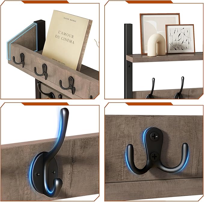 YMYNY 31.5" Coat Rack Wall Mount with Shelf, 4 in 1 Key and Coat Hanger with 12 Metal Hooks, Wall Shelf with Hooks & Mail Holder for Living Room, Bedroom, Silver Gray, HWS007Y-2