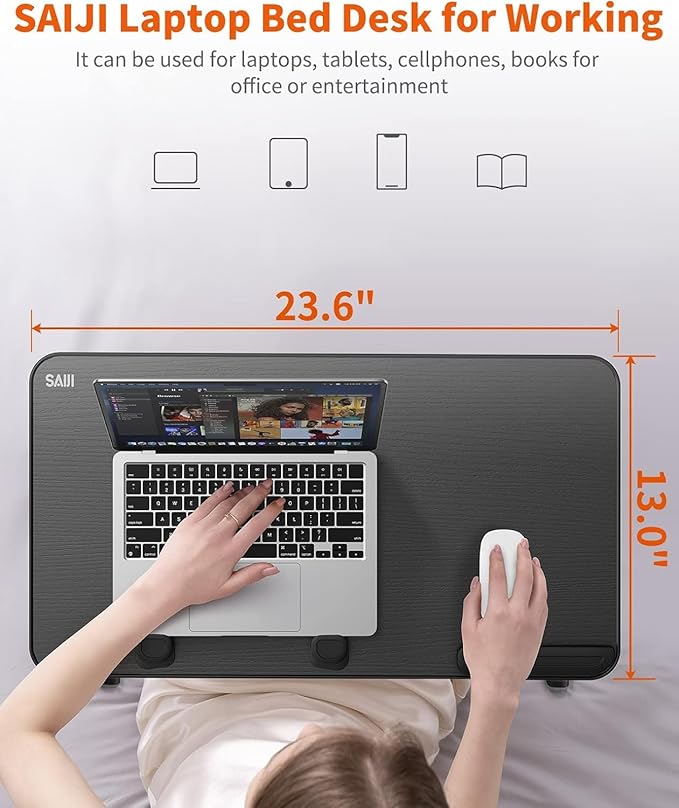 Desk, Table, SAIJI Adjustable Laptop Stand, Breakfast Tray, 5 Heights, 4 Angles, Stable Folding Table for Bed Sofa Desk, Suitable for Laptops up to 17 Inches (60 x 33 cm Black)
