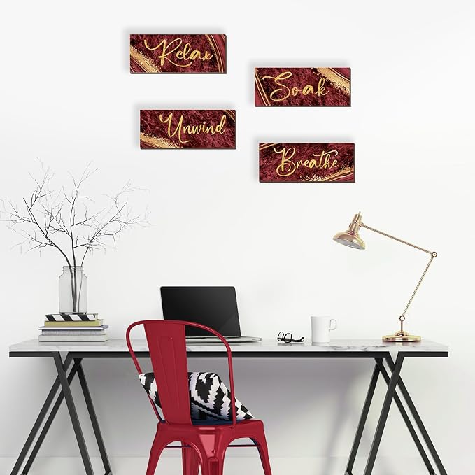 ONIZHITY 4 Pcs Red and Gold Bathroom Decor Red Gold Wall Decor Relax Soak Unwind Breathe Wooden Rustic Red Marble Style Bathroom Accessories for Bedroom Living Room Office Decor (10X4)