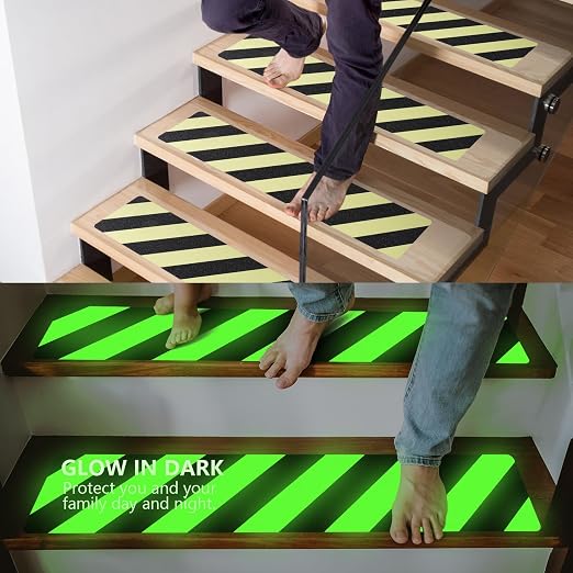 LifeGrip Anti Slip Traction Treads, Glow in the Dark Striped Treads (10-Pack), 6" X 32", Best Grip Tape Grit Non Slip, Outdoor/Indoor, High Friction Abrasive Adhesive for Stair Step, Luminous Green