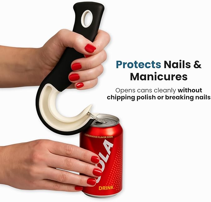 Jokari Ring Pull Can Opener for Soda and Food Cans Arthritis Aid with Non Slip Grip for Seniors Kids and Nail Protection Manual Pull Tab Tool for Easy Open Cans Black Dishwasher Safe