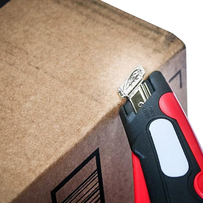Veltec EZ-1000 Safety Box Cutter Utility Knife, 3 Blade Depth Setting, Squeeze Trigger and Dual Side Edge Guide, 2 Blades, Holster and Lanyard (Red)