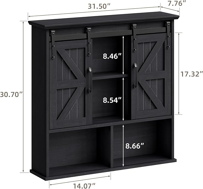 Vabches Bathroom Wall Cabinet, Farmhouse Medicine Cabinet with Double Sliding Barn Door and Adjustable Shelves, Wooden Vintage Storage Cabinet Wall Mounted for Bathroom, Kitchen Dining, Black