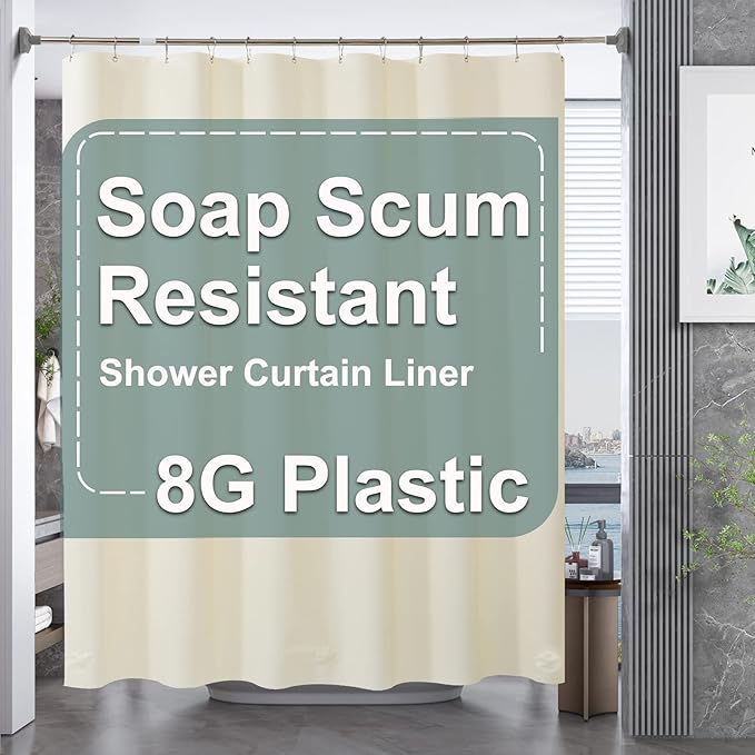 AmazerBath Beige Shower Curtain Liner Plastic, 8G PEVA Shower Liner Cream, Heavy Duty Shower Curtains for Bathroom, Cream Shower Curtain Waterproof 72x72 with 3 Weighted Stones and 12 Grommets