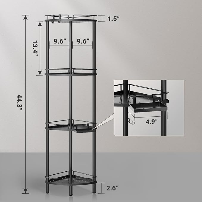ELYKEN Corner Shower Caddy Standing, 4 Tier Rustproof Metal Shower Organizer with Soap Holder, Floor Shower Corner Shelf Rack Storage Stands with Adjustable Feet & 2 Hooks for Bathroom, Black