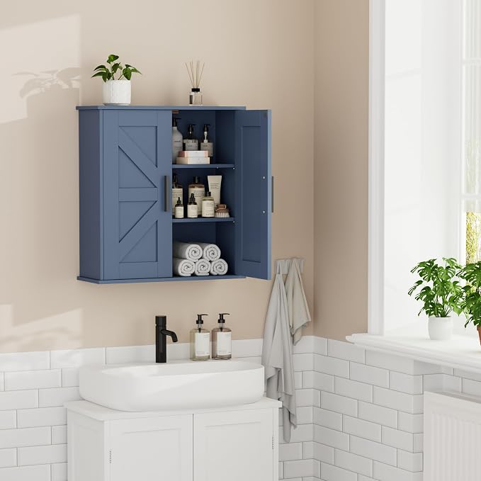 Homleke Bathroom Wall Cabinet, Over Toilet Storage Cabinet with Barn Doors and Adjustable Shelves, 3-Tier Medicine Cabinet Wall Mounted, for Bathroom, Kitchen, Entryway, Laundry Room, Blue, (7.9" D)