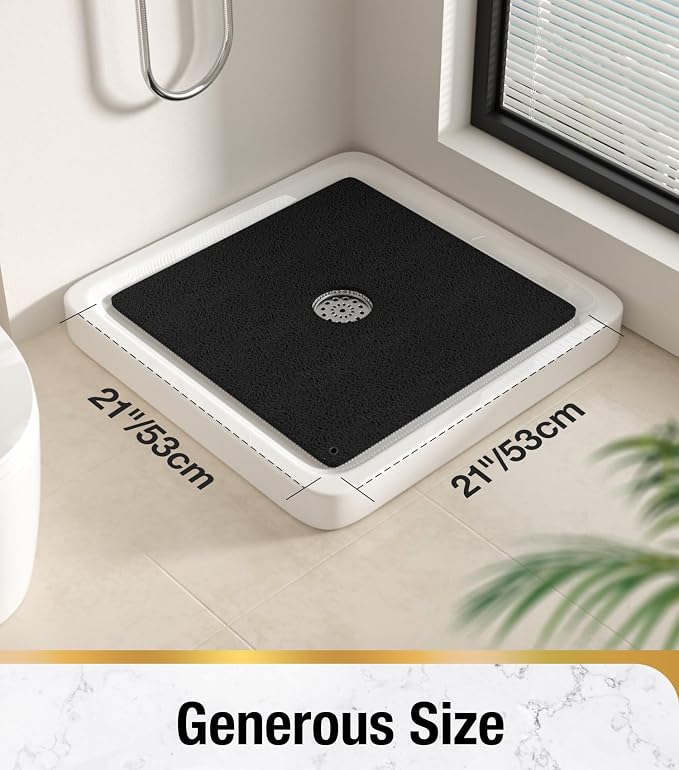 HITSLAM Non Slip Shower Mat for Textured Tub Floor, 21x21 Inch Square Loofah Bath Mat for Inside Shower Stall, Quick Drying, No Suction Cups, Black