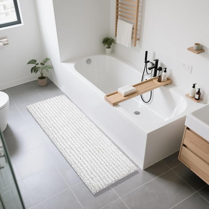 Yimobra Bathroom Runner Rug 60x24 Inch - Extra Long Non Slip Chenille Bath Mat, Soft & Absorbent, Machine Washable Shaggy Hallway Carpet for Vanity Tub Shower, White Home Decor Accessories