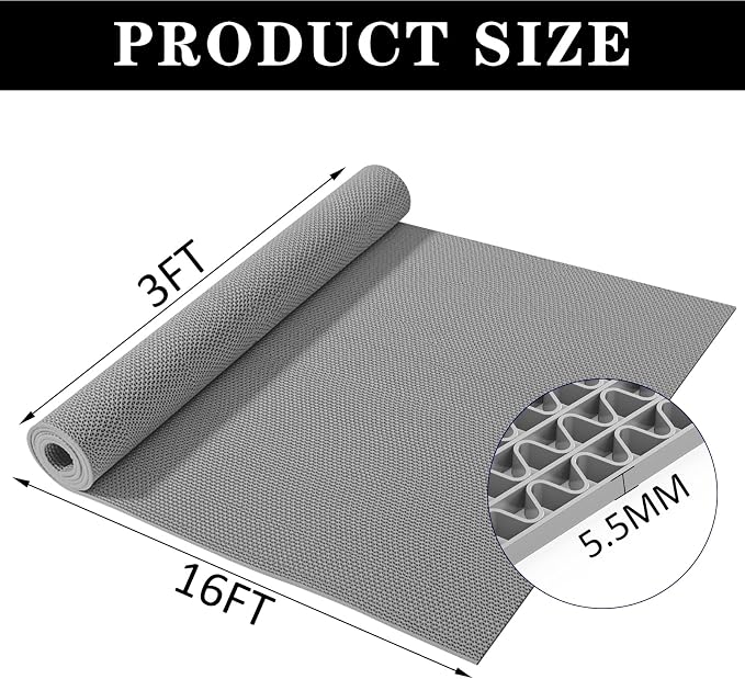 Drainage Mat 3x16 Ft 0.22” Thick PVC Commercial Floor Mat Non Slip Pool Mat S-Shaped Shower Floor Heavy Duty Roll for Wet Area Kitchen Hotels Bars Bathroom Patio Outdoor Indoor Rug (Gray, 3x16 Ft)