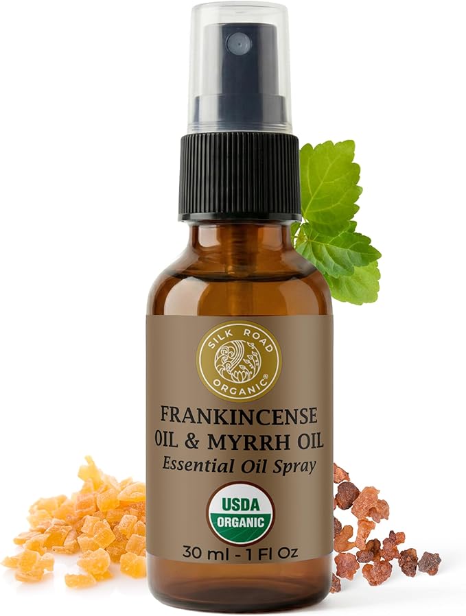Silk Road Organic Frankincense Oil & Myrrh Essential Oil Spray, 100% Pure USDA Certified Aromatherapy for Body Aches, Stiffness & Tingling, Stress, & Skin - 1 Oz Spray