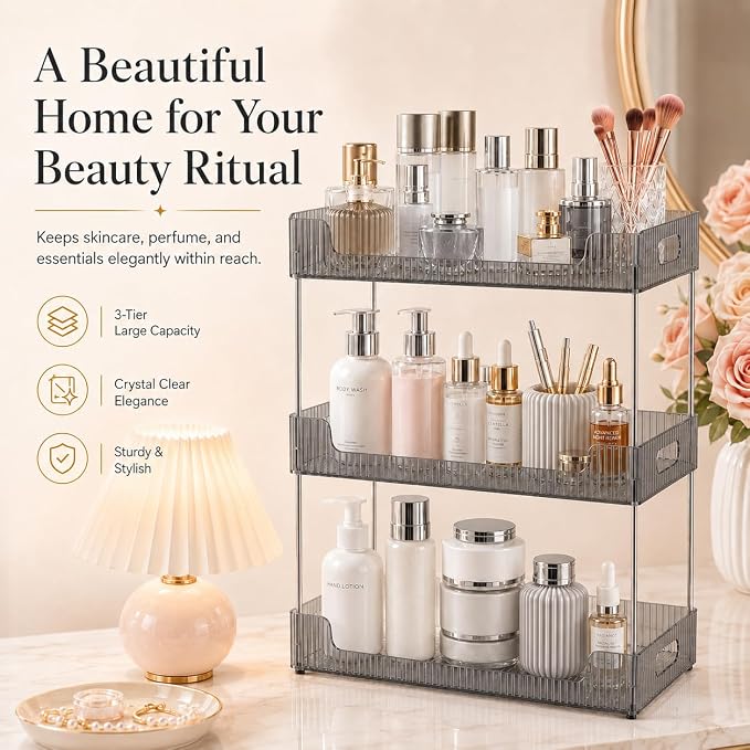 Goderewild Bathroom Counter Organizer, Multi-Purpose Cosmetics Skincare Shelf, Makeup Organizer for Vanity Tray, Countertop Storage Solution for Kitchen and Bath. (Smoky Gray, 3-Tier)