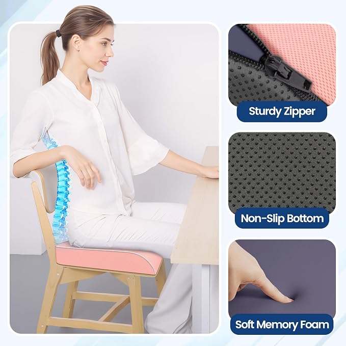 SweetSlubr Seat Cushion for Tailbone Pain Relief, Office Chair Cushion, Memory Foam Large Chair Cushion with Non-Slip Cover for Soft Support at Office Chair, Car Seat, Airplane Pink/2X-Large