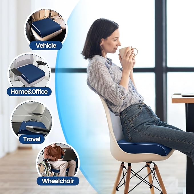 SweetSlubr Seat Cushion for Tailbone Pain Relief, Office Chair Cushion, Memory Foam Large Chair Cushion with Non-Slip Cover for Soft Support at Office Chair, Car Seat, Airplane Dark Blue/Large