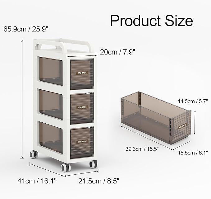 Bathroom Storage with Drawers, 7.87" Wide Slim Storage Cabinet with Wheels for Small Spaces, Narraw Cart for Kitchen Office Bedroom Dinning Room Under Desk, 26" Tall
