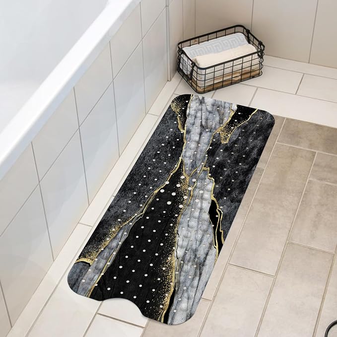 LNOND Marble Bath Tub Mat Non Slip, Extra Long 40 X 16 Inch Anti Slip Mat for Bathtub, Black Grey Luxury Marble Shower Mat with Drain Holes and Suction Cups, Machine Washable