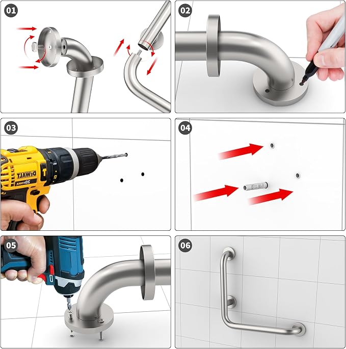 L-Shaped Angled Shower Grab Bar w/Straight Bathroom Safety Handrail 16 Inch, iHansee Brushed Nickel Handicap Grab Bar Wall Mounted, Toilet Bathtub Balance Support Bar for Elderly Seniors Injury